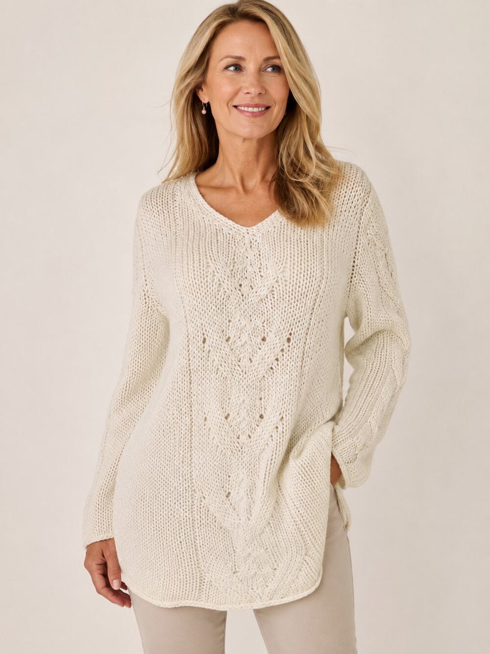 J. Jill SZ L Wool Alpaca Blend V Neck Cable Knit Tunic Length Fisherman Sweater